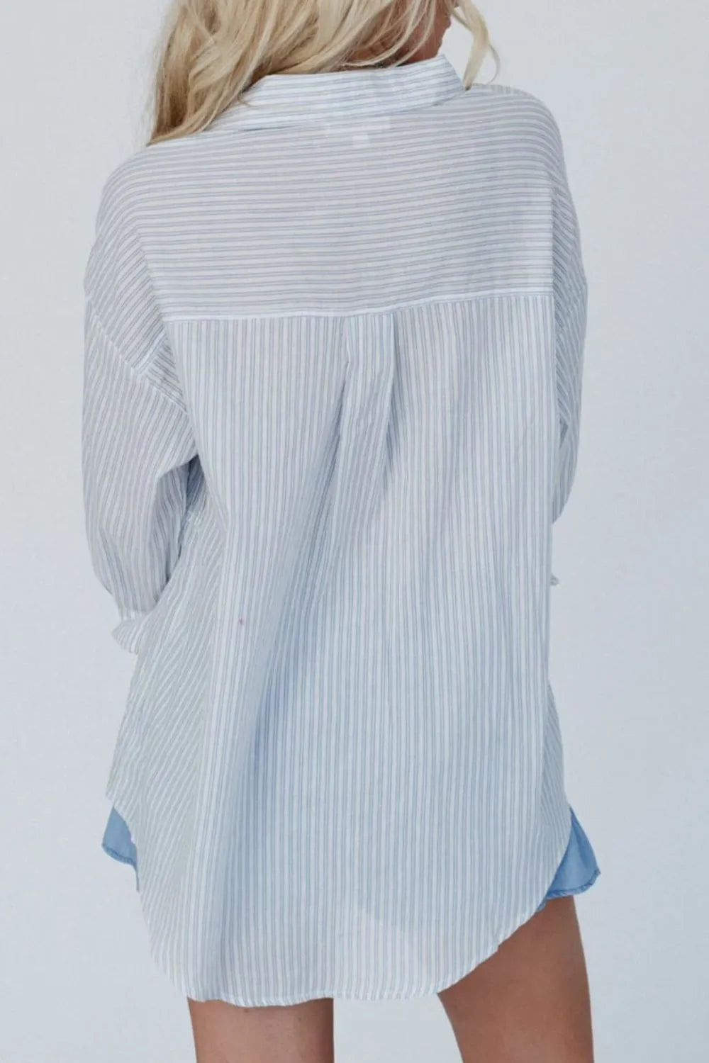 Striped Collared Neck Frill Long Sleeve Shirt - Shirts