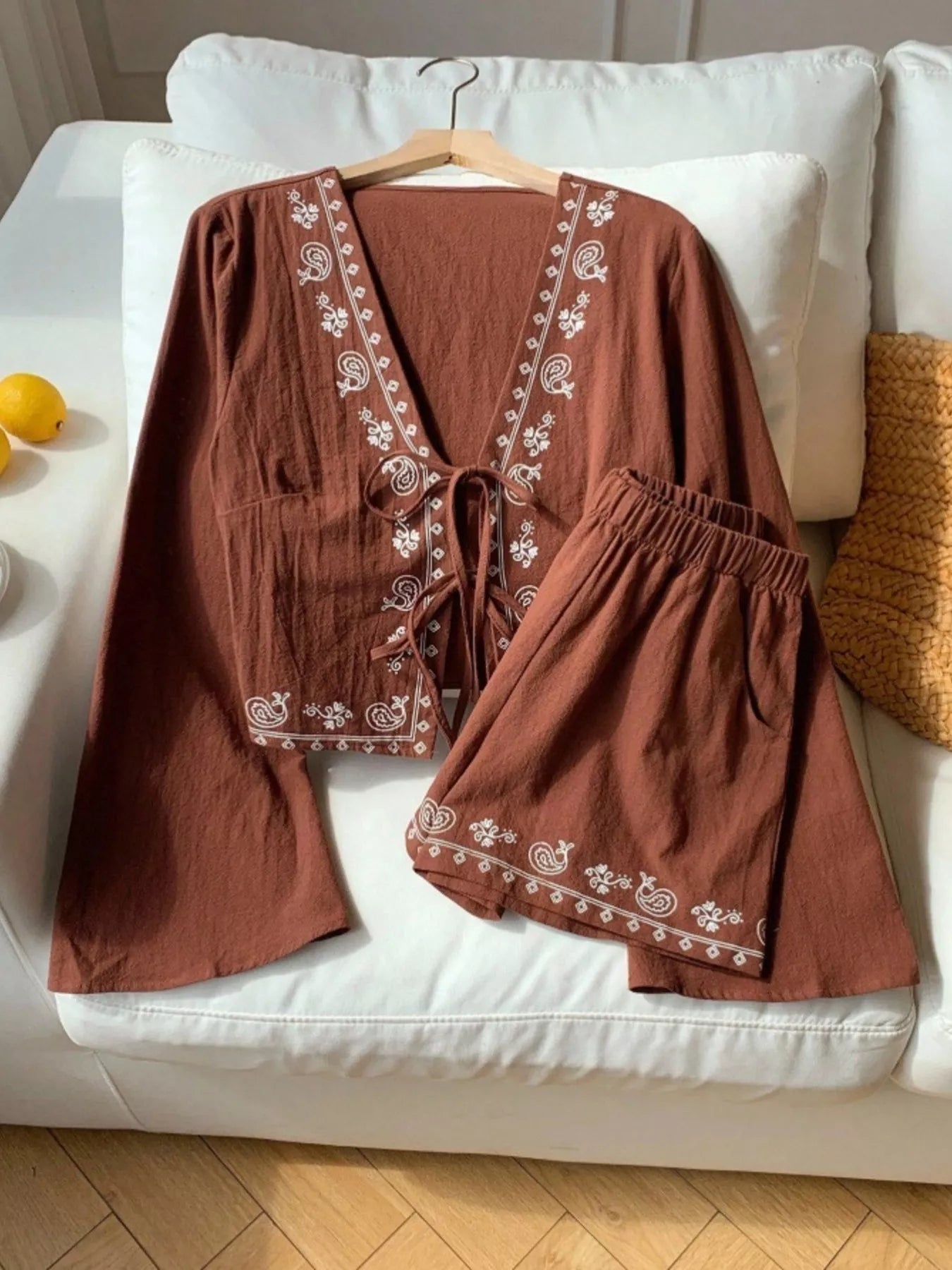 Women's Embroidered Tie Front Top and Shorts Set - Matching Sets