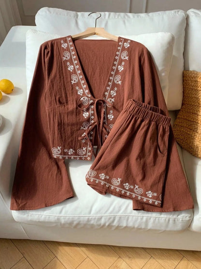 Women's Embroidered Tie Front Top and Shorts Set - Matching Sets