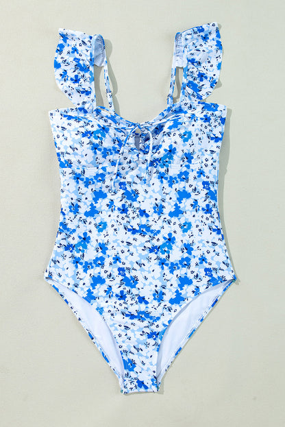 Floral Ruffle Strap Lace-Up One-Piece Swimsuit — Bold Print Removable Pads Summer Style - One-Piece Swimsuits