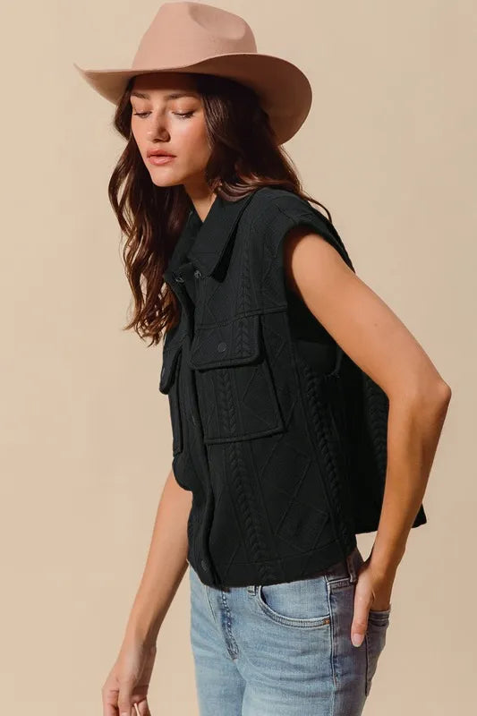 Cable Quilt Stitch Button Up Sleeveless Knit Vest | Trendy Vests Outfit Idea for Women by Ro + Ivy | Elevated Basics, Modern Comfort & Style