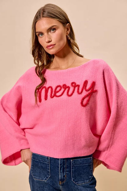 Pink "Merry" Lettering Lightweight Boatneck Christmas Top | Trendy Tops Outfit Idea for Women by Ro + Ivy | Elevated Basics, Modern Comfort & Style