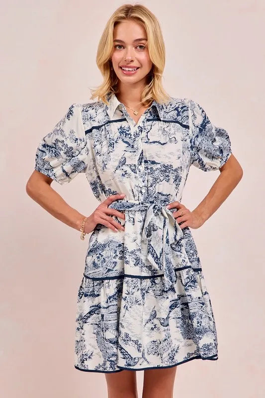 Woven Printed Tiered Mini Dress in Navy – outfit idea for women | Ro + Ivy
