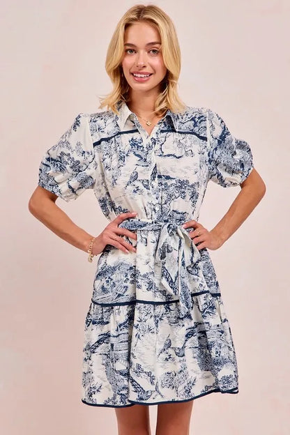 Woven Printed Tiered Mini Dress in Navy – outfit idea for women | Ro + Ivy