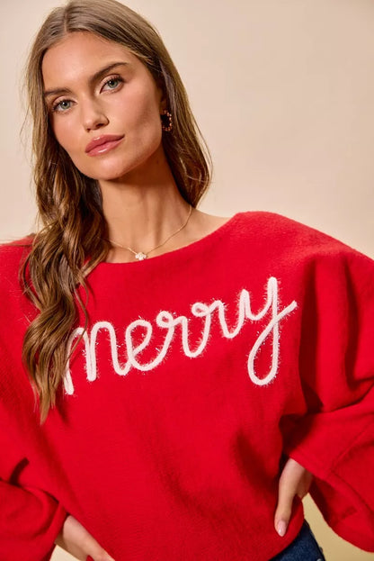 Red "Merry" Lettering Lightweight Boatneck Christmas Top | Trendy Tops Outfit Idea for Women by Ro + Ivy | Elevated Basics, Modern Comfort & Style
