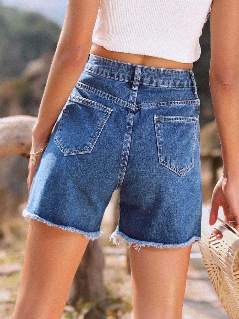 Raw Hem High Waist Denim Shorts - Shorts