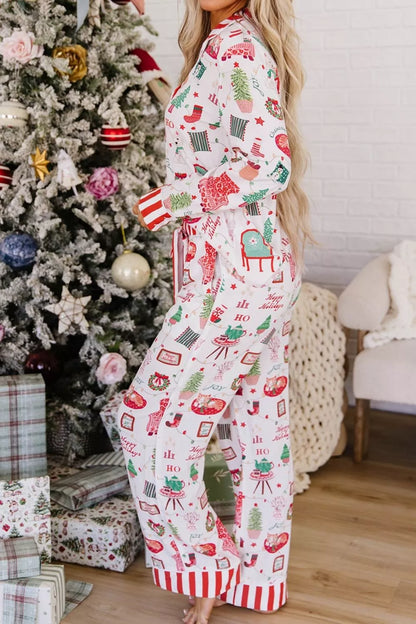 Striped Holiday Two-Piece Lounge Set with Button-Front Top and Matching Pants