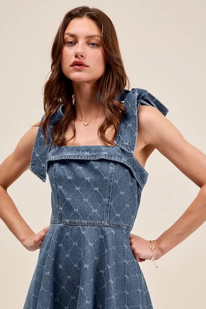 A Line Fit And Flare Diamond Bow Ribbon Denim Dress – outfit idea for women | Ro + Ivy