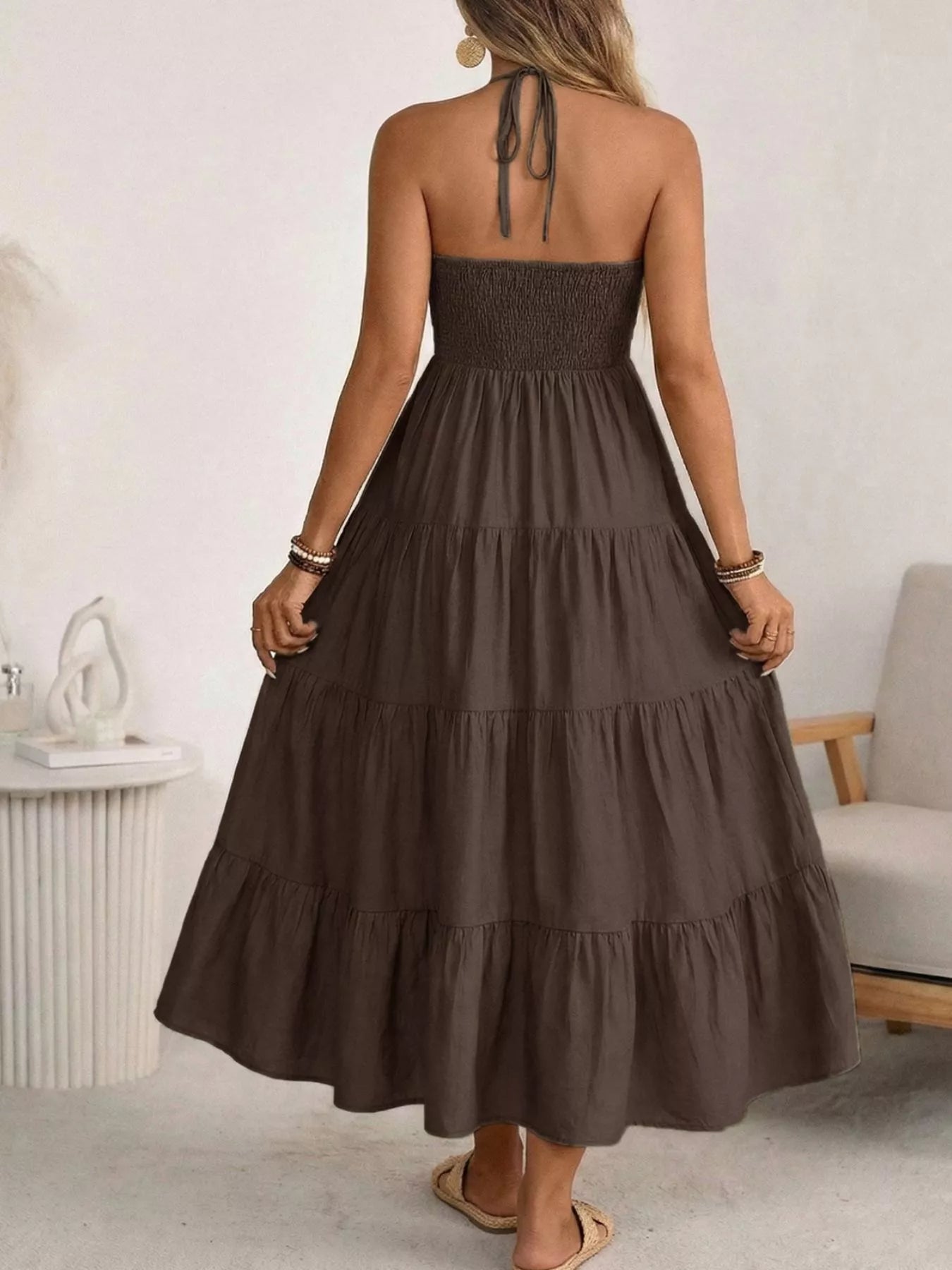 Women's Flowy Halter Neck Tiered Midi Dress - Midi Dresses