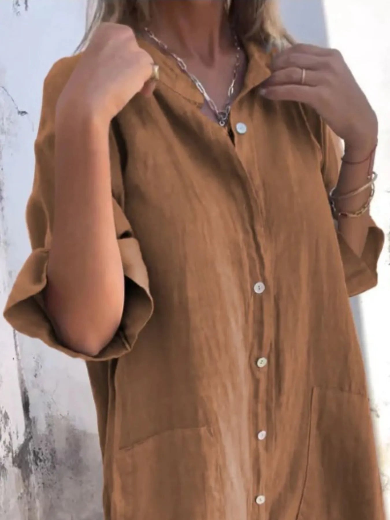 Women's Linen Button Down Shirt Mini Dress - Mini Dresses