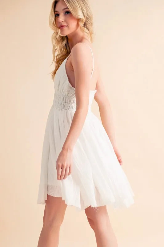 Lace Detail Cami Mini Dress in White – outfit idea for women | Ro + Ivy