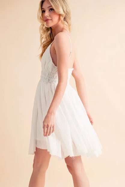 Lace Detail Cami Mini Dress in White – outfit idea for women | Ro + Ivy