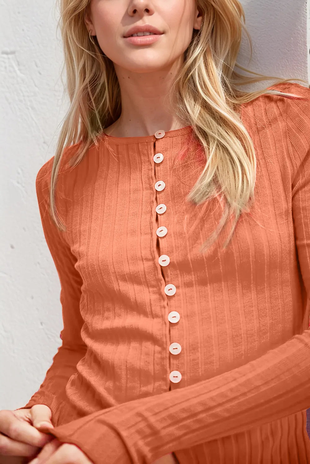 Women's Textured Button Up Round Neck Long Sleeve Top - Shirts