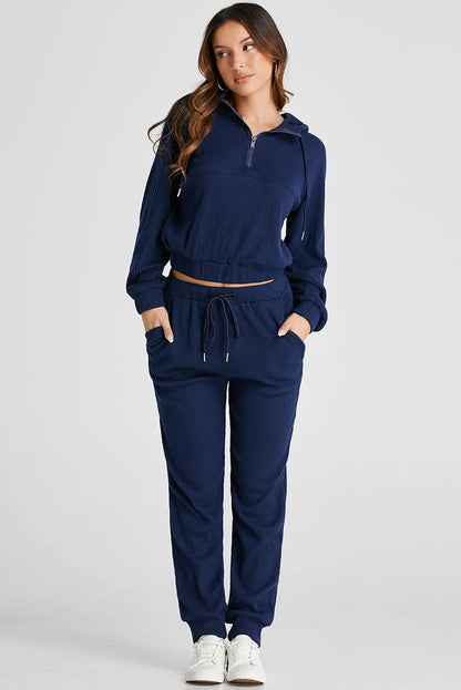 Ribbed Half Zip Hoodie and Joggers Loungewear Set