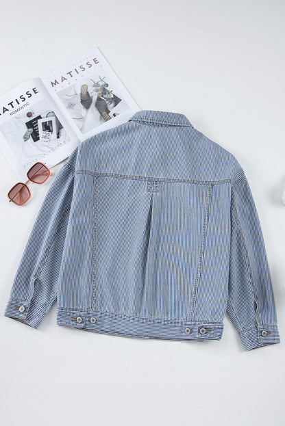 Striped Washed Denim Chest Pocket Oversized Vintage Jacket — Laid-Back Casual Style - Outerwear/Denim jackets