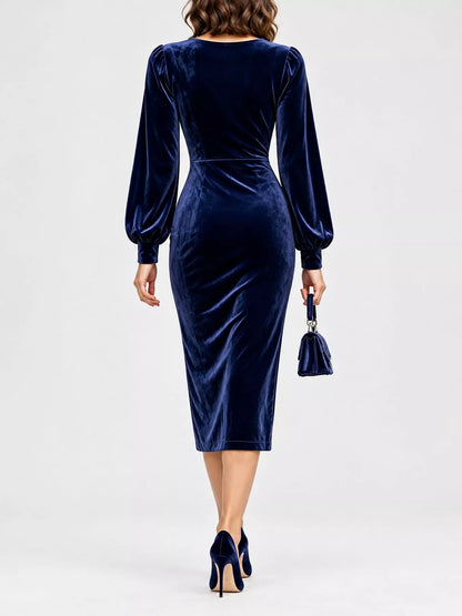 Long-Sleeve Velvet Wrap Dress with Ruched Bodycon Fit