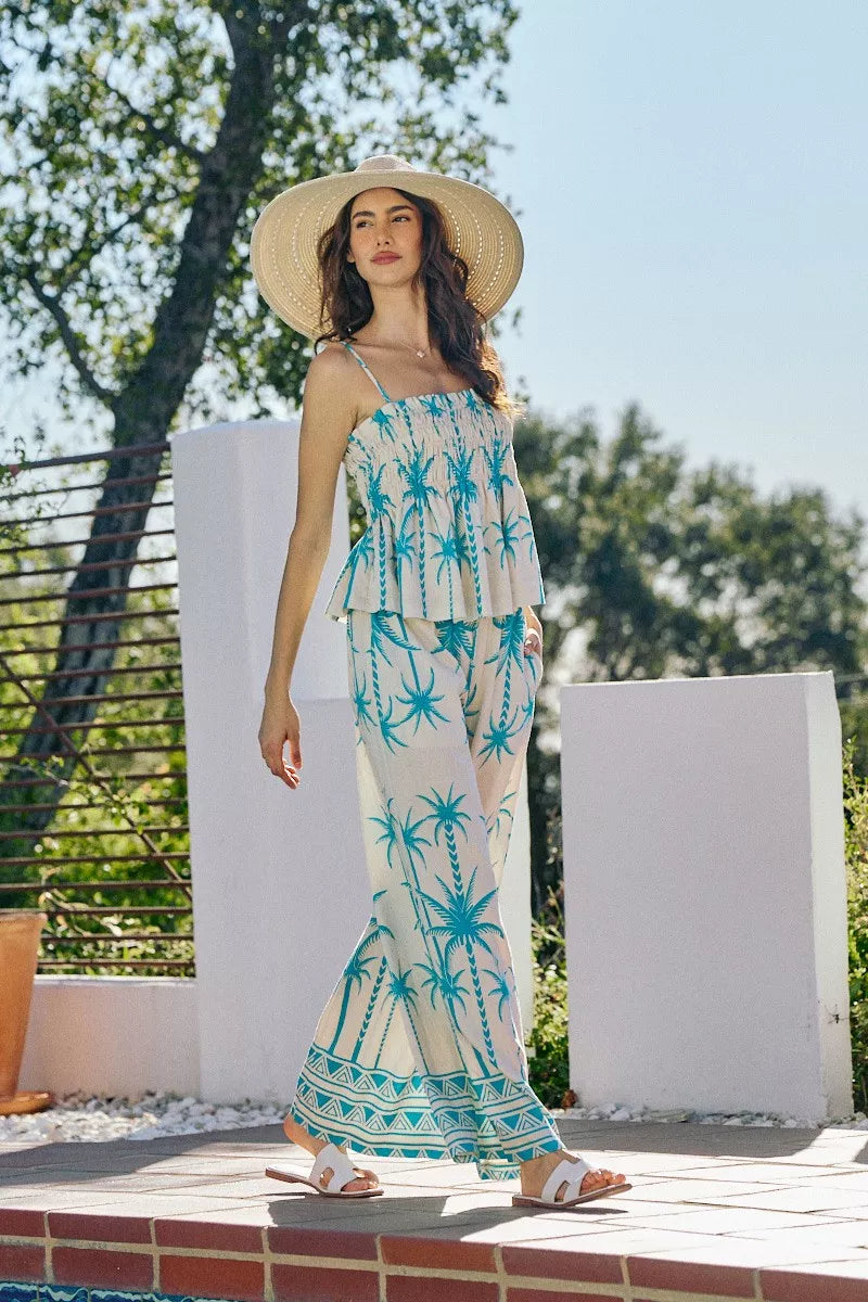 Women's Palm Tree Print Smocked Cami Top - Cami Tops