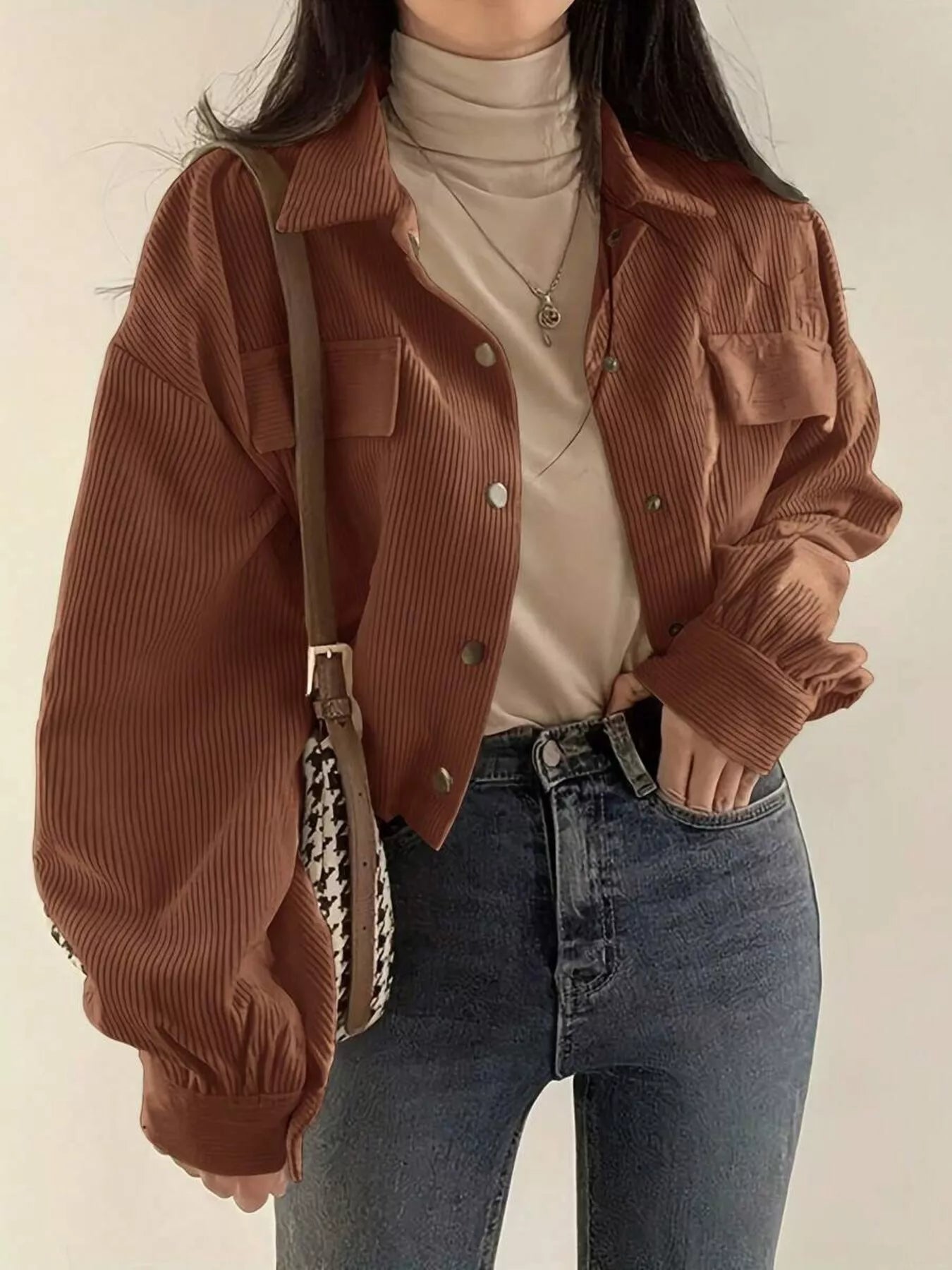 Corduroy Snap Button Cropped Jacket Caramel