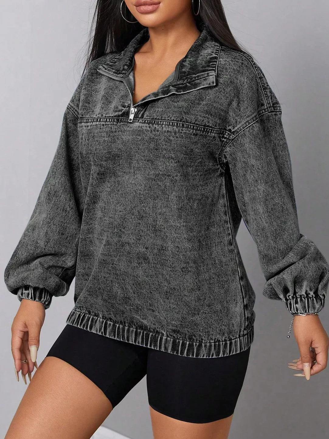 Women's Elastic Hem Quarter Zip Denim Top - Denim Jackets