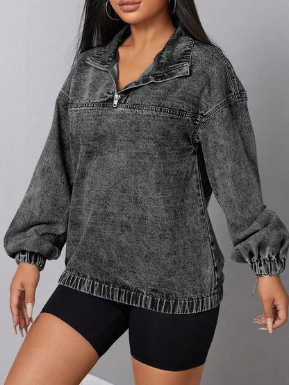 Women's Elastic Hem Quarter Zip Denim Top - Denim Jackets