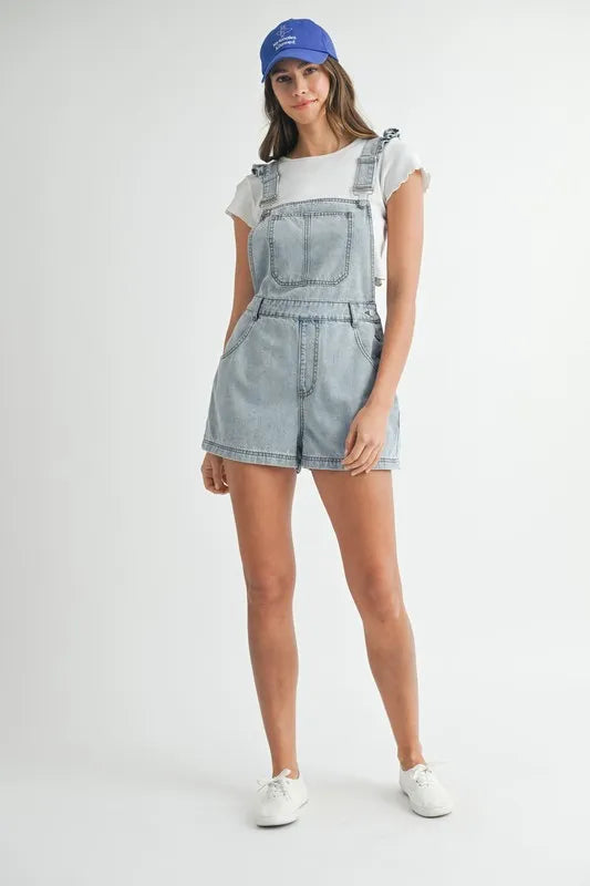 Square Neck Ruffle Shoulder Denim Overall Romper - Rompers