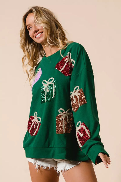 Sequins Gift Box Christmas Crewneck Sweater | Trendy Sweaters Outfit Idea for Women by Ro + Ivy | Elevated Basics, Modern Comfort & Style