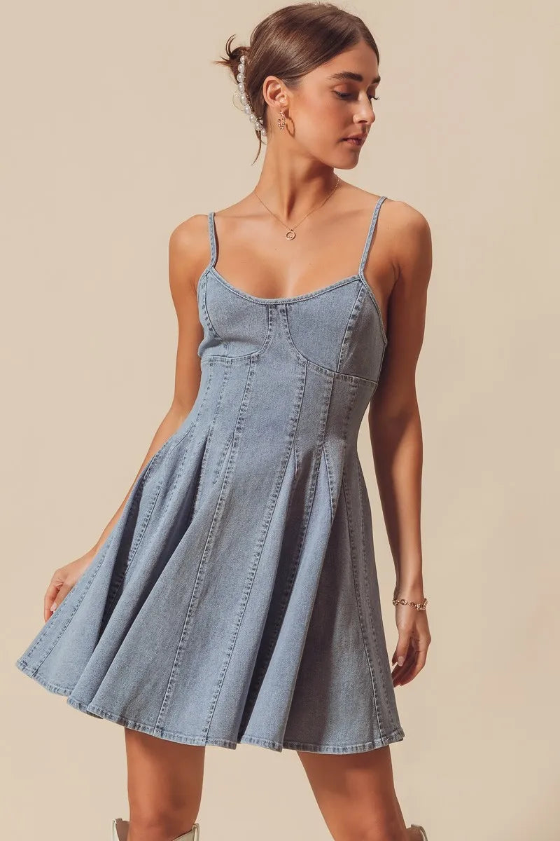 A Line Fit And Flare Denim Bow Ties Mini Dress | Trendy Mini Dresses Outfit Idea for Women by Ro + Ivy | Elevated Basics, Modern Comfort & Style