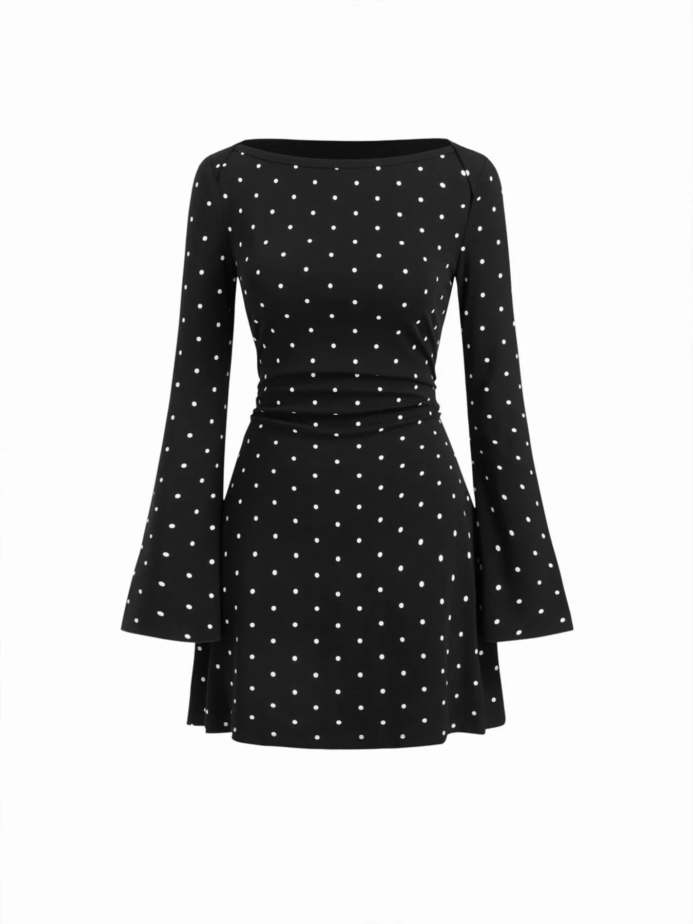 Polka Dot Boat Neck Flare Sleeves Mini Dress