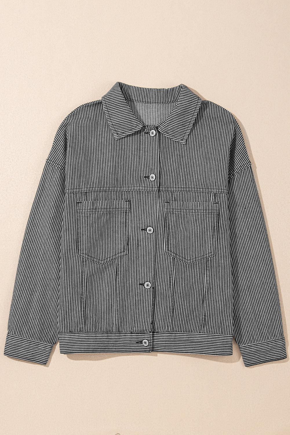 Striped Washed Denim Chest Pocket Oversized Vintage Jacket — Laid-Back Casual Style - Outerwear/Denim jackets