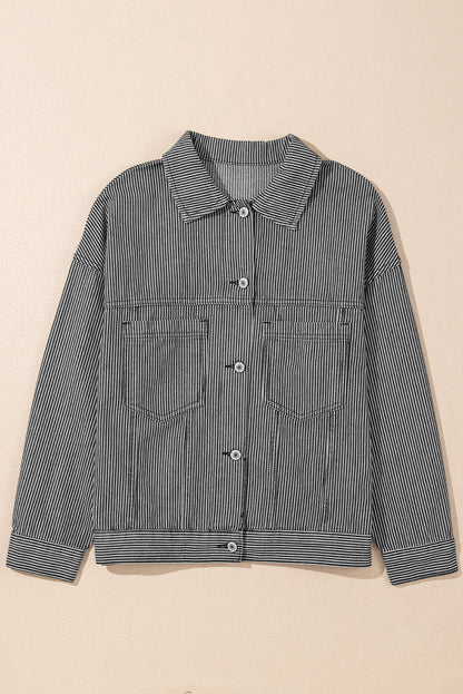 Striped Washed Denim Chest Pocket Oversized Vintage Jacket — Laid-Back Casual Style - Outerwear/Denim jackets