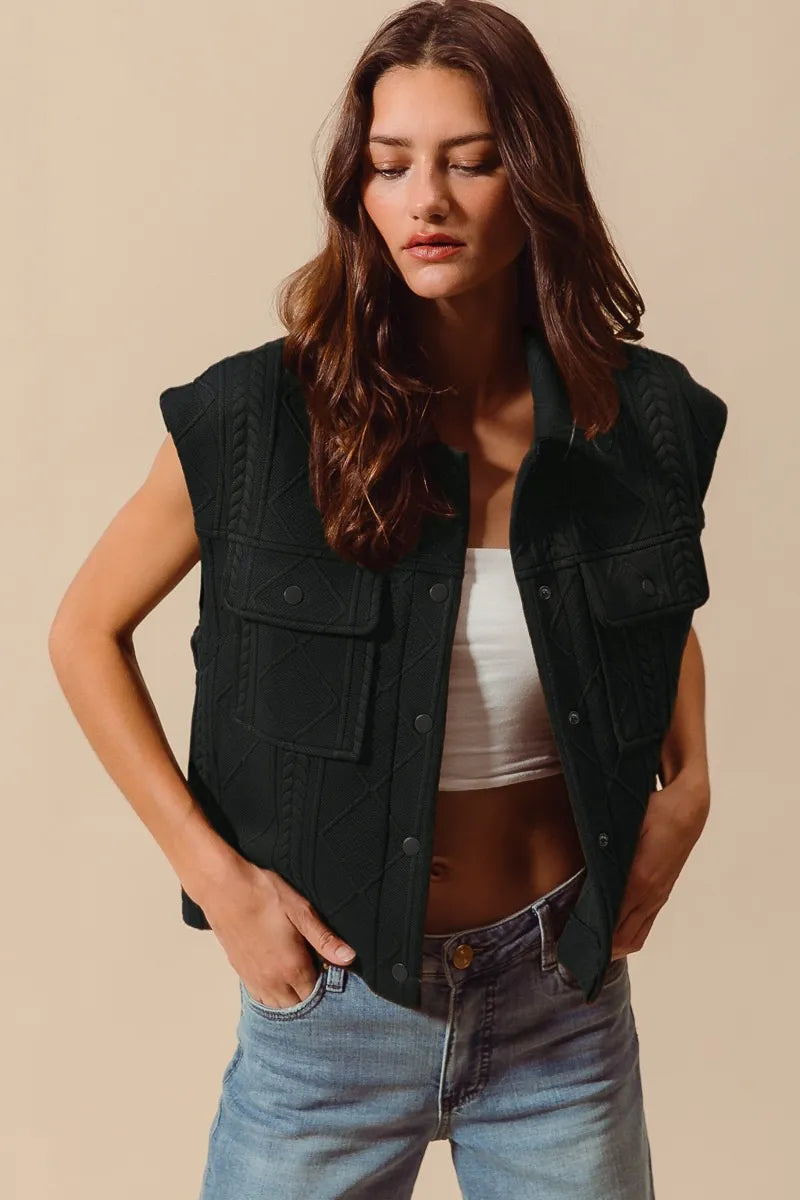 BLACK Cable Quilt Stitch Button Up Sleeveless Knit Vest | Trendy Vests Outfit Idea for Women by Ro + Ivy | Elevated Basics, Modern Comfort & Style