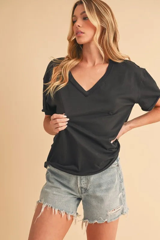 V-Neck Short Sleeve Cotton T-Shirt in Black | Trendy T-Shirts Outfit Idea for Women by Ro + Ivy | Elevated Basics, Modern Comfort & Style