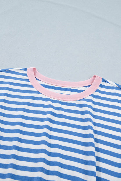 Striped Contrast Trim Tie Waist Coastal Mini Dress — Soft Stretch Everyday Style - Dresses/T Shirt Dresses