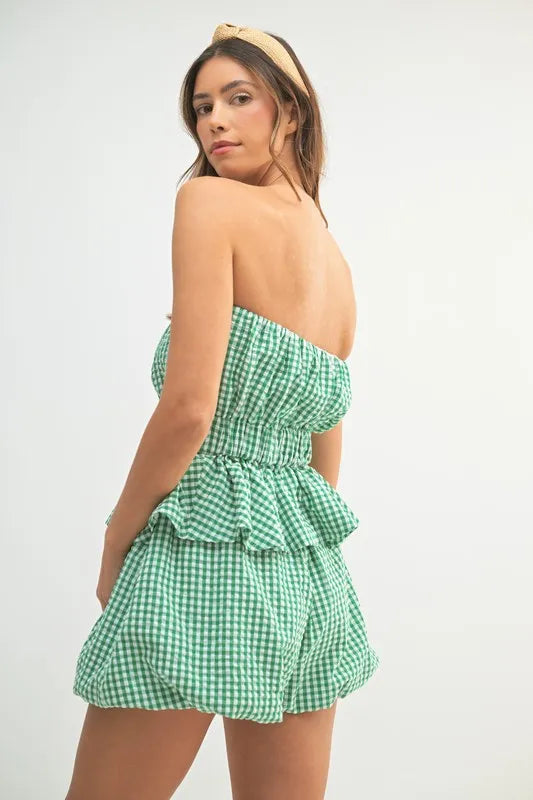 Gingham Strapless Tube Top & Matching Shorts Two-Piece Set — Trendy Warm Weather Cute Style - Outfit Sets