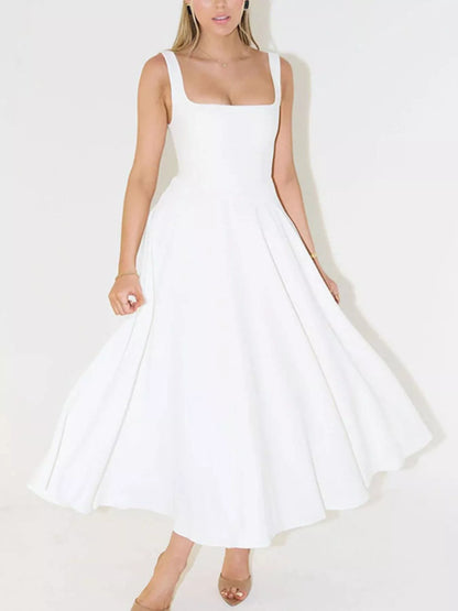 Women's Square Neck Wide Strap A-Line Midi Dress - Midi Dresses
