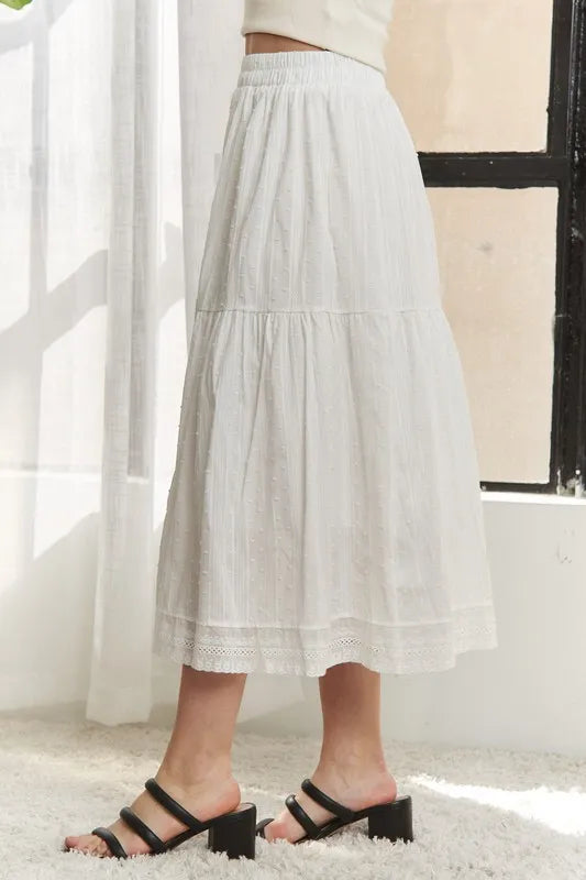Elastic Waistband Tiered Midi Skirt in White – outfit idea for women | Ro + Ivy