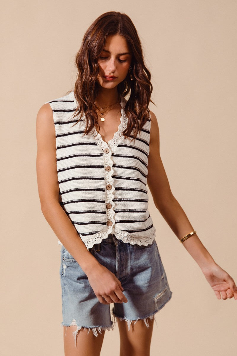 Striped Crochet Trim Button-Down Knit Sweater Vest — Lightweight Versatile Everyday Style - Knit Vests