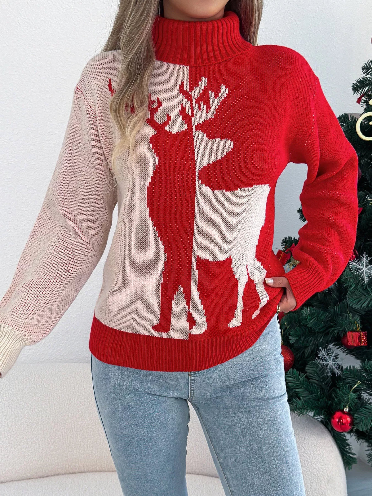 Christmas Reindeer Ribbed Turtleneck Knit Sweater