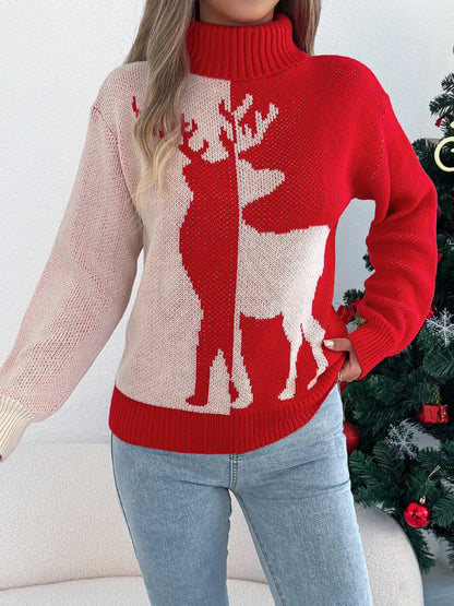 Christmas Reindeer Ribbed Turtleneck Knit Sweater