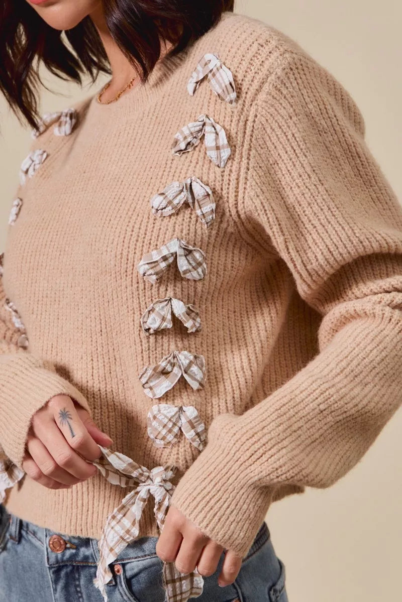 Checkered Plaid Tape Lace Up Ribbed Sweater - Sweaters