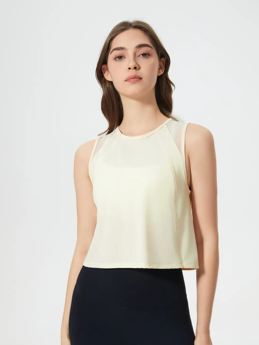 Open Back Slit Round Neck Activewear Tank Top Pastel Yellow