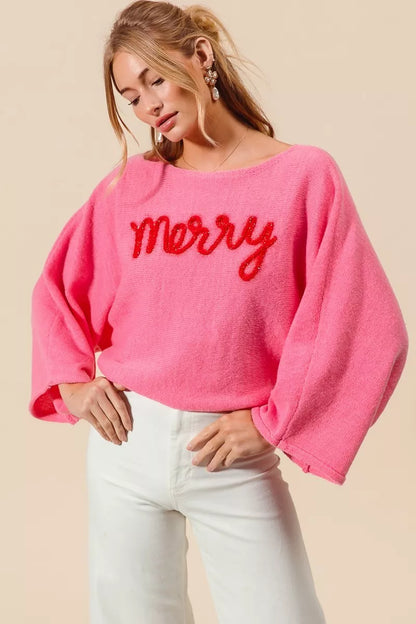 PINK RED Pink "Merry" Lettering Lightweight Boatneck Christmas Top | Trendy Tops Outfit Idea for Women by Ro + Ivy | Elevated Basics, Modern Comfort & Style