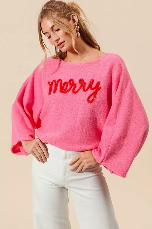 PINK RED Pink "Merry" Lettering Lightweight Boatneck Christmas Top | Trendy Tops Outfit Idea for Women by Ro + Ivy | Elevated Basics, Modern Comfort & Style