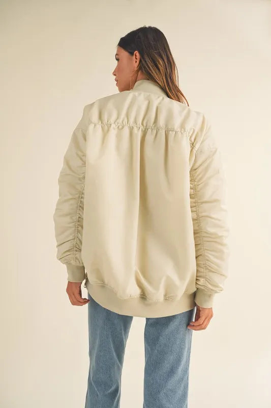 Back Ruched Utility Zip Pocket Bomber Jacket — Contemporary Functional Outerwear Style - Jackets