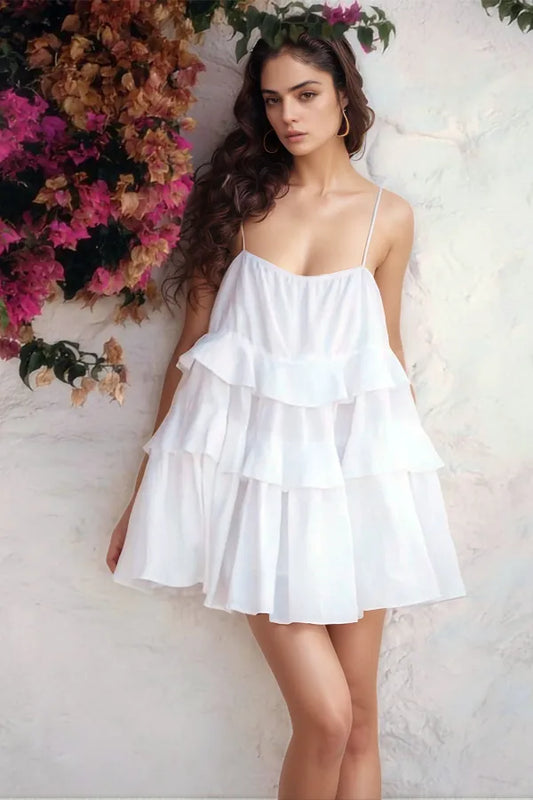 Women's Ruffle Layered Tie Shoulder Cami Mini Dress White