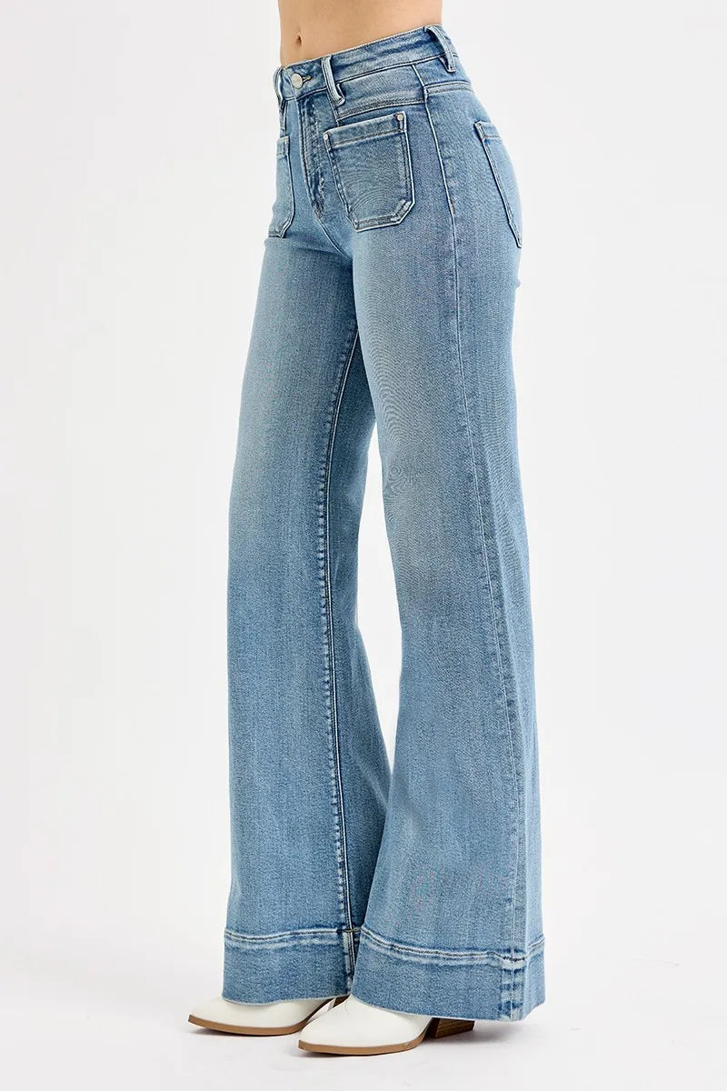 Full Size High Rise Wide Flare Patch Pocket Jeans Plus Size – outfit idea for women | Ro + Ivy