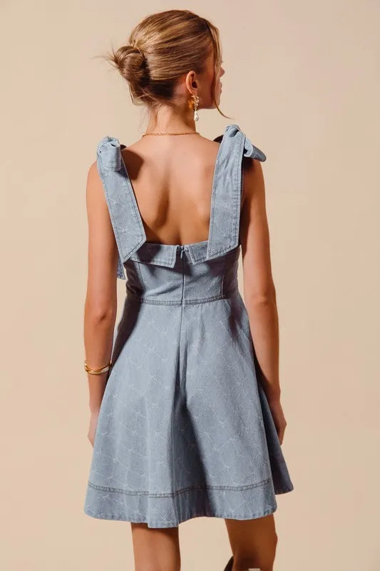 A Line Fit And Flare Diamond Bow Ribbon Denim Mini Dress – outfit idea for women | Ro + Ivy