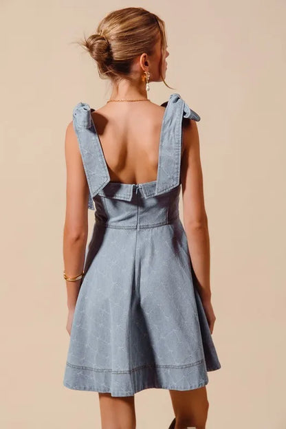 A Line Fit And Flare Diamond Bow Ribbon Denim Mini Dress – outfit idea for women | Ro + Ivy