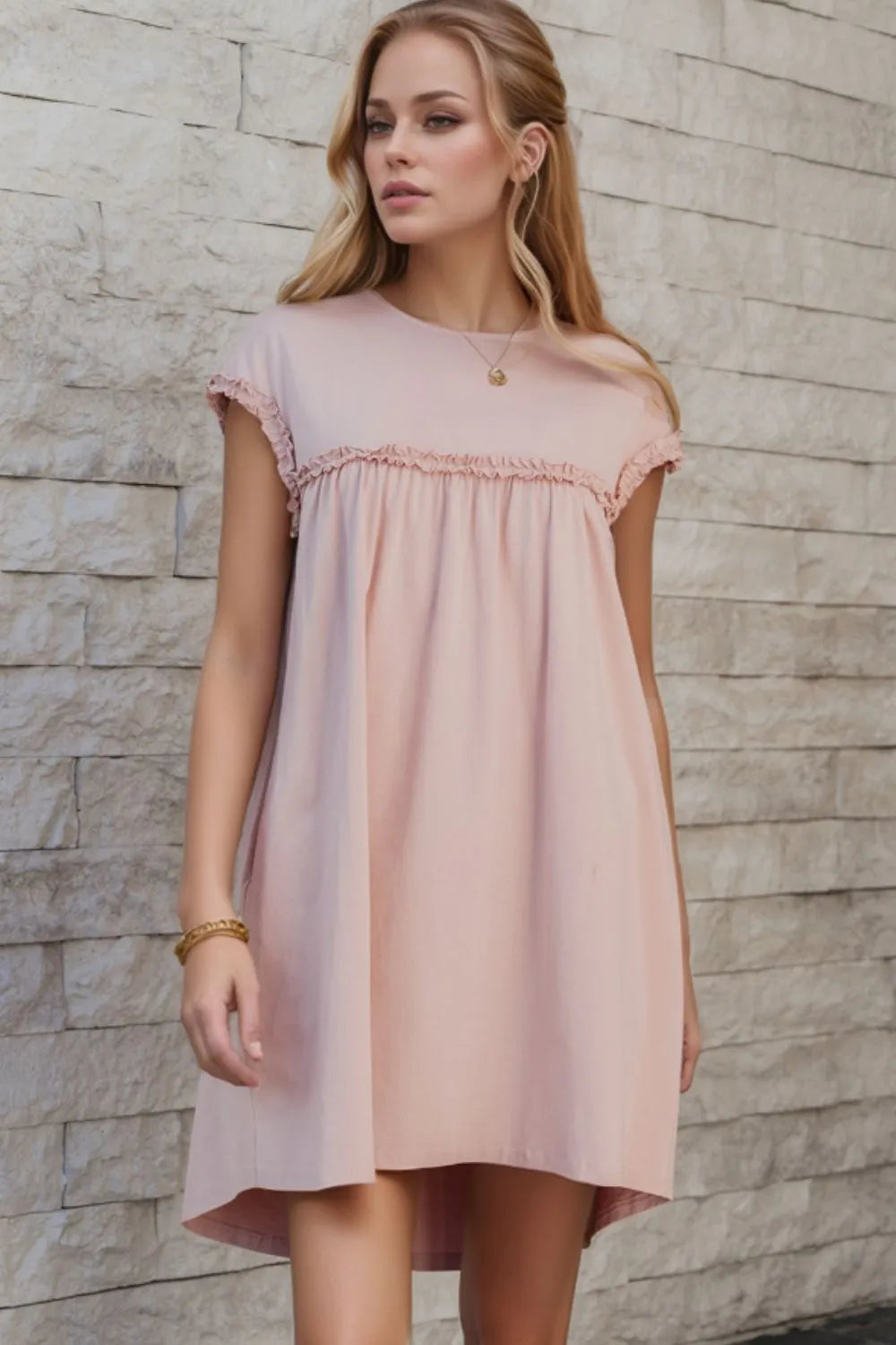 Frilled Trim Crew Neck Short Sleeve Loose Mini Dress - Dusty Pink Mini Dresses