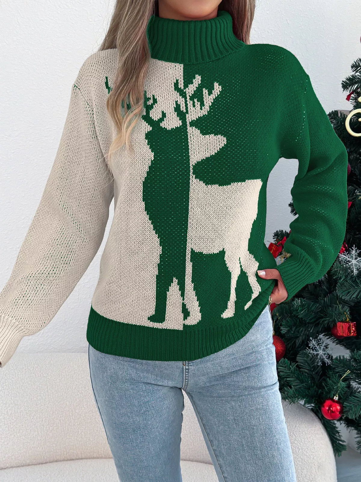 Christmas Reindeer Ribbed Turtleneck Knit Sweater Green